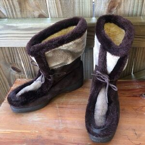 Vintage Snowland Faux Fur Colorblock Brown & Cream Fleece Lined Winter Boots 6